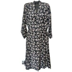 Silk Studio True Wrap Dress Size 10 Petite 100% Silk Black Gray Floral Print VTG